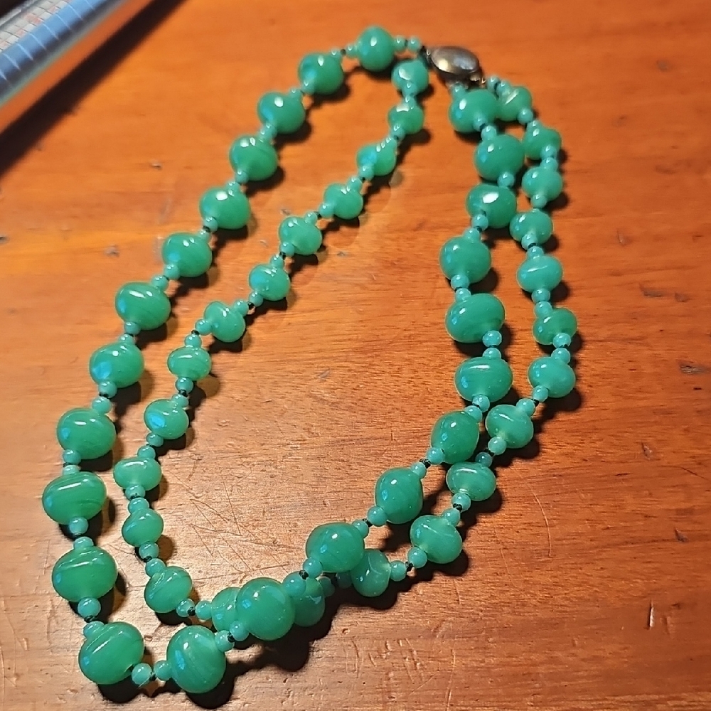 Vintage Green Glass Beads With Silver Clasp